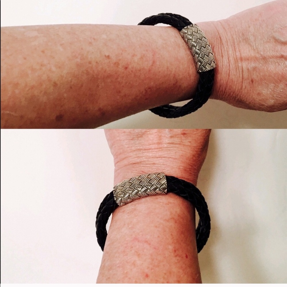 Sterling Silver Woven Black Leather Bracelet - Picture 4 of 8
